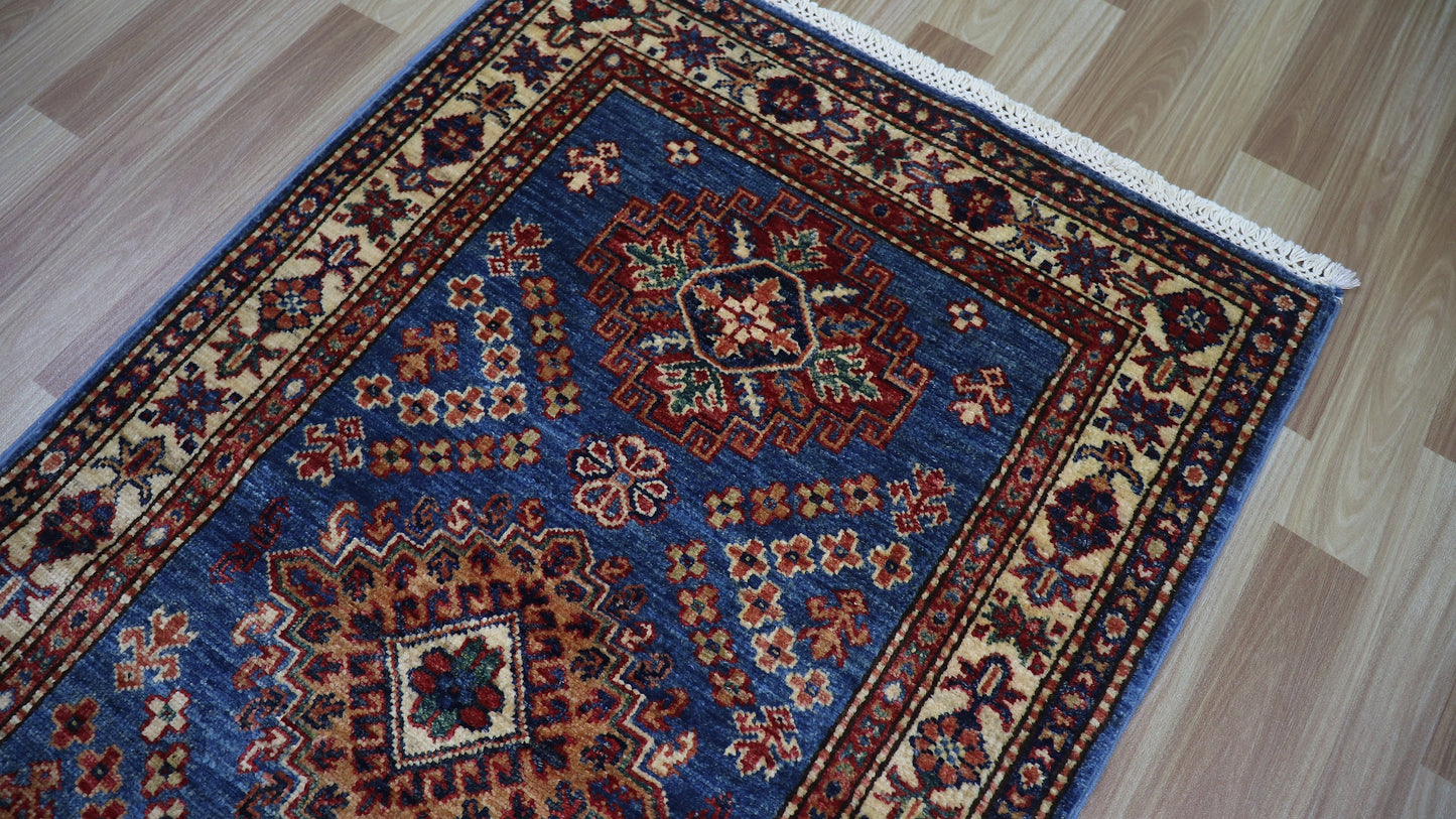 9 Ft Kazak Runner Rug, Blue Beige Afghan Hand Knotted Wool Traditional Rectangle Carpet, Entryway Rug, Hallway Rug, Kitchen Rug, Foyer Rug