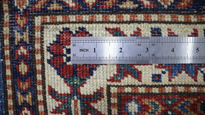 9 Ft Kazak Runner Rug, Blue Beige Afghan Hand Knotted Wool Traditional Rectangle Carpet, Entryway Rug, Hallway Rug, Kitchen Rug, Foyer Rug