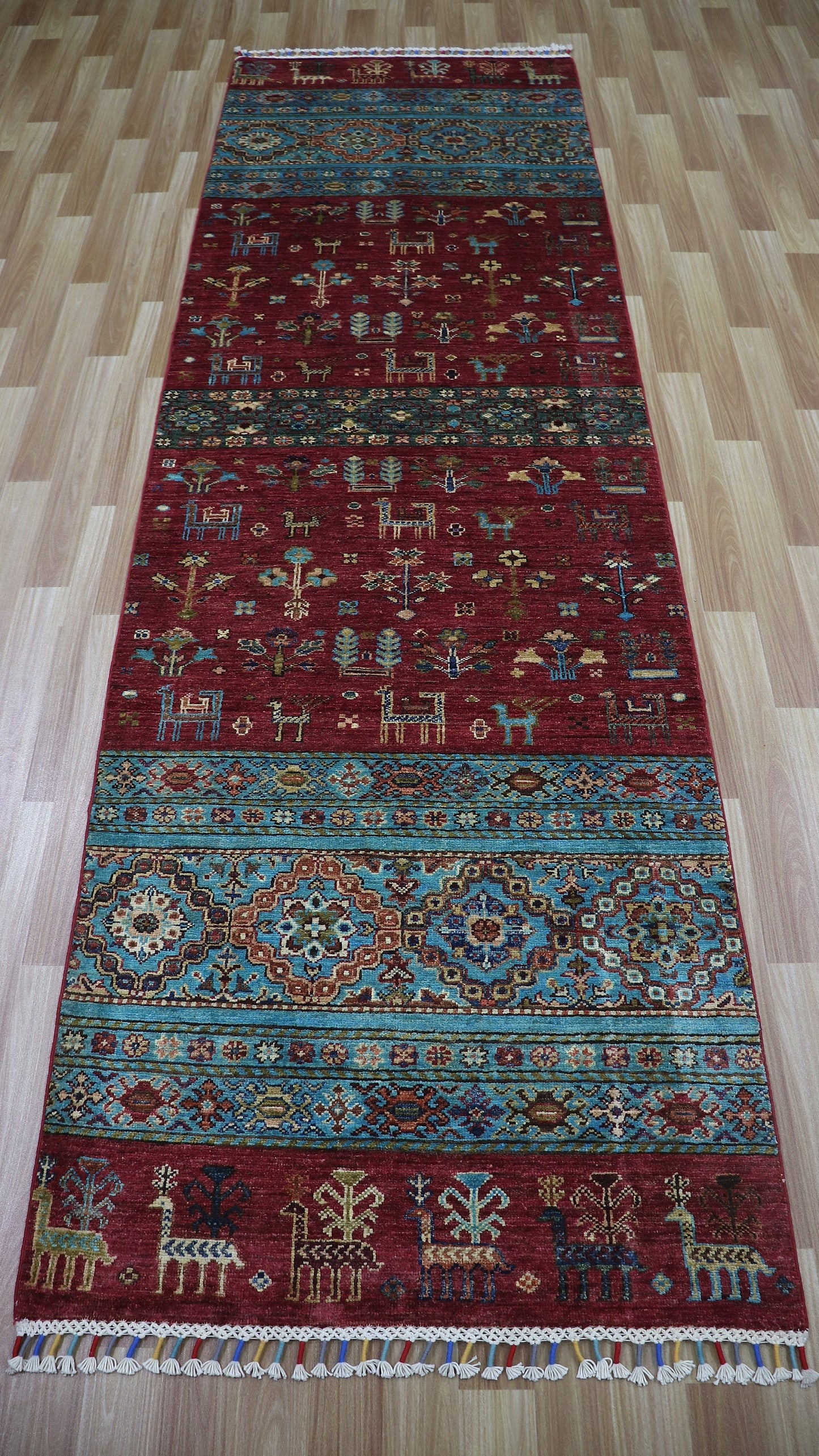 10 Ft Animal Design Runner Rug, Red Afghan Hand Knotted Wool Traditional Rectangle Carpet, Entryway Rug, Hallway Rug, Kitchen Rug, Foyer Rug