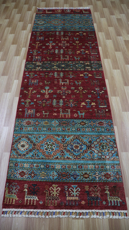 10 Ft Animal Design Runner Rug, Red Afghan Hand Knotted Wool Traditional Rectangle Carpet, Entryway Rug, Hallway Rug, Kitchen Rug, Foyer Rug