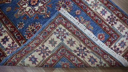 9 Ft Blue Kazak Runner Rug, Afghan Hand Knotted Wool Oriental Rectangle Carpet, Entryway Rug, Hallway Rug, Kitchen Rug, Foyer Rug, Stair Rug