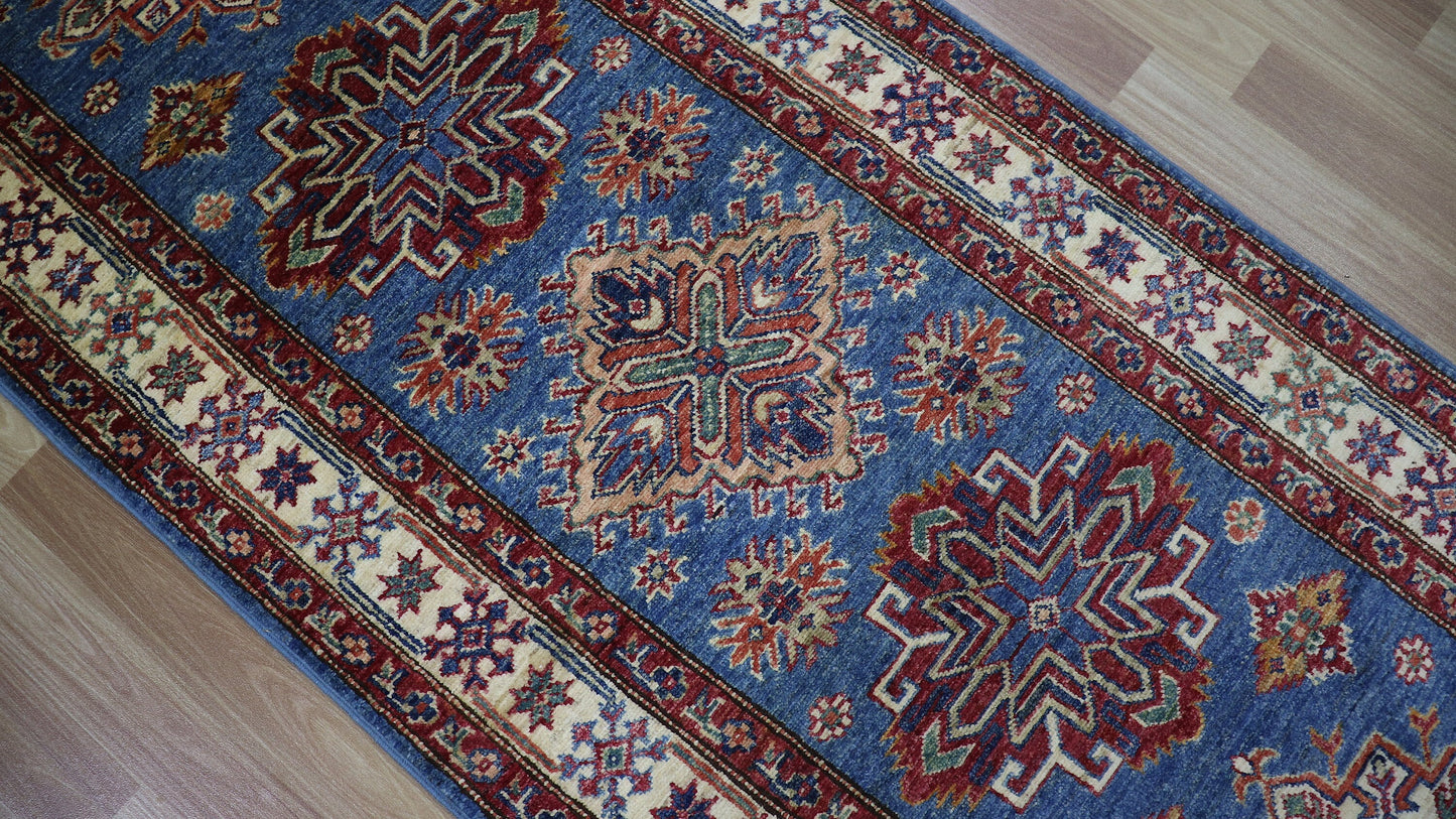 9 Ft Blue Kazak Runner Rug, Afghan Hand Knotted Wool Oriental Rectangle Carpet, Entryway Rug, Hallway Rug, Kitchen Rug, Foyer Rug, Stair Rug