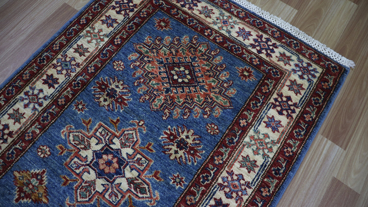 9 Ft Blue Kazak Runner Rug, Afghan Hand Knotted Wool Oriental Rectangle Carpet, Entryway Rug, Hallway Rug, Kitchen Rug, Foyer Rug, Stair Rug