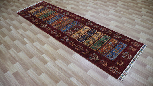 9 Ft Tribal Runner Rug, Rust Red Afghan Hand Knotted Wool Traditional Rectangle Carpet, Entryway Rug, Hallway Rug, Kitchen Rug, Foyer Rug