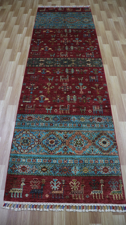 10 Ft Animal Design Runner Rug, Red Afghan Hand Knotted Wool Traditional Rectangle Carpet, Entryway Rug, Hallway Rug, Kitchen Rug, Foyer Rug