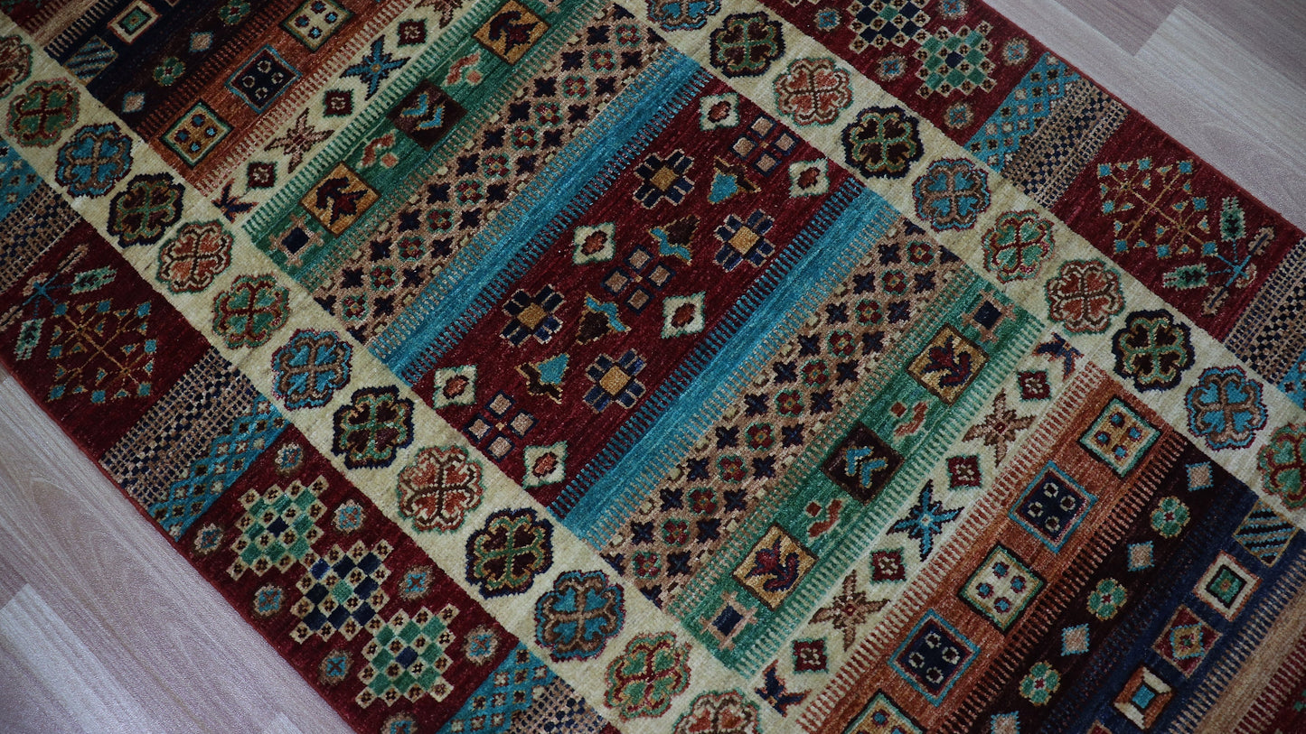 10 Ft Tribal Gabbeh Runner Rug, Red Afghan Hand Knotted Wool Traditional Rectangle Carpet, Entryway Rug, Hallway Rug, Kitchen Rug, Foyer Rug