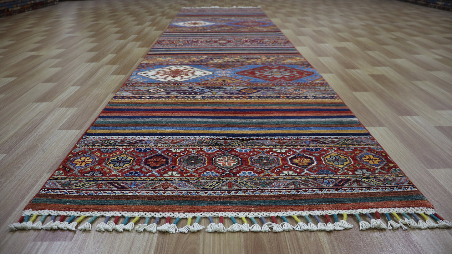 12 Ft Oriental Long Runner Rug, Red Afghan Hand Knotted Wool Traditional Rectangle Carpet, Entryway Rug, Hallway Rug, Kitchen Rug, Foyer Rug