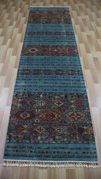 10 Ft Tribal Runner Rug, Blue Afghan Hand Knotted Wool Traditional Rectangle Carpet, Entryway Rug, Hallway Rug, Kitchen Rug, Foyer Rug