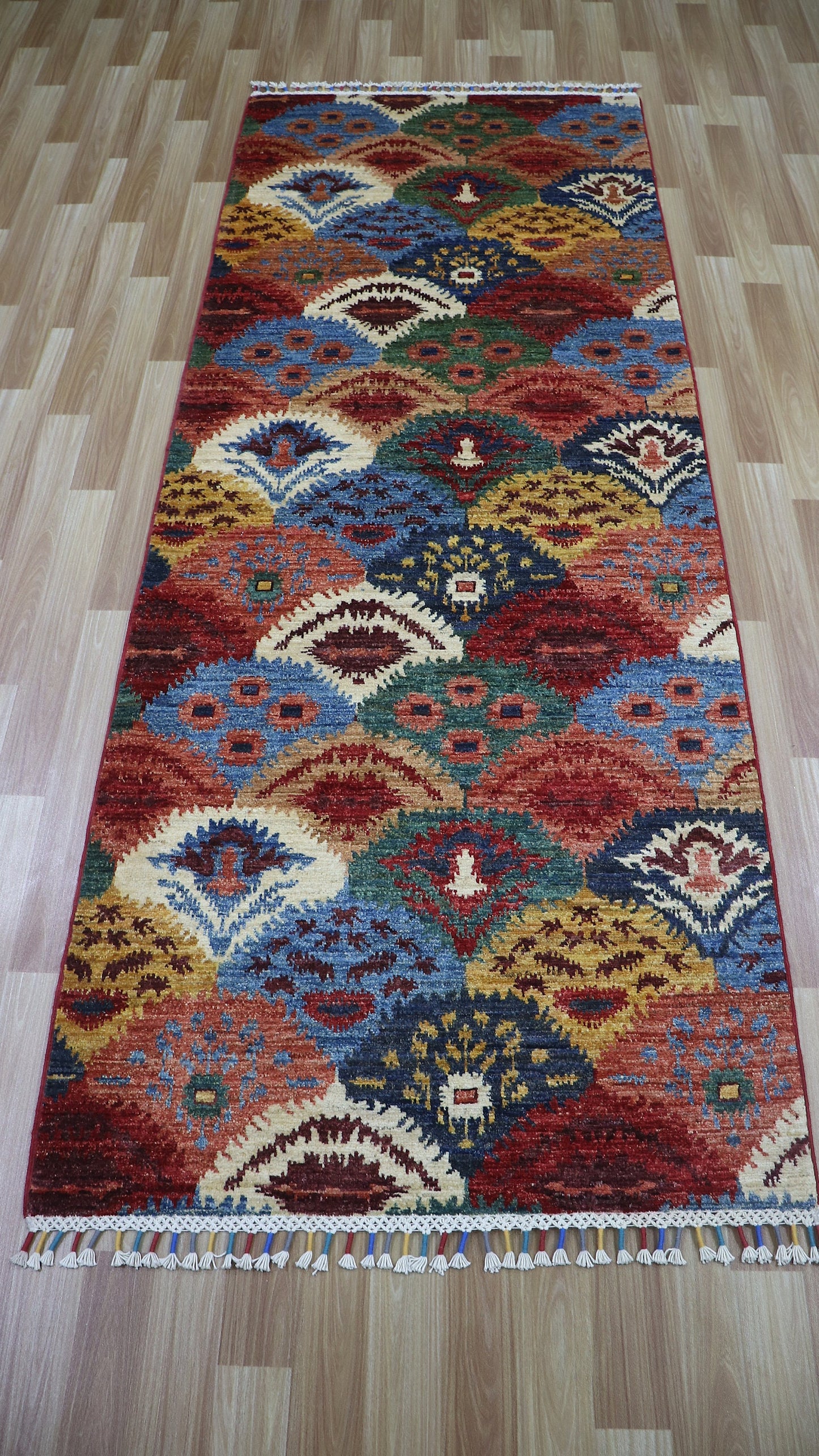 8 Ft Oriental Ikat Runner Rug, Red Afghan Hand Knotted Wool Traditional Rectangle Carpet, Entryway Rug, Hallway Rug, Kitchen Rug, Foyer Rug