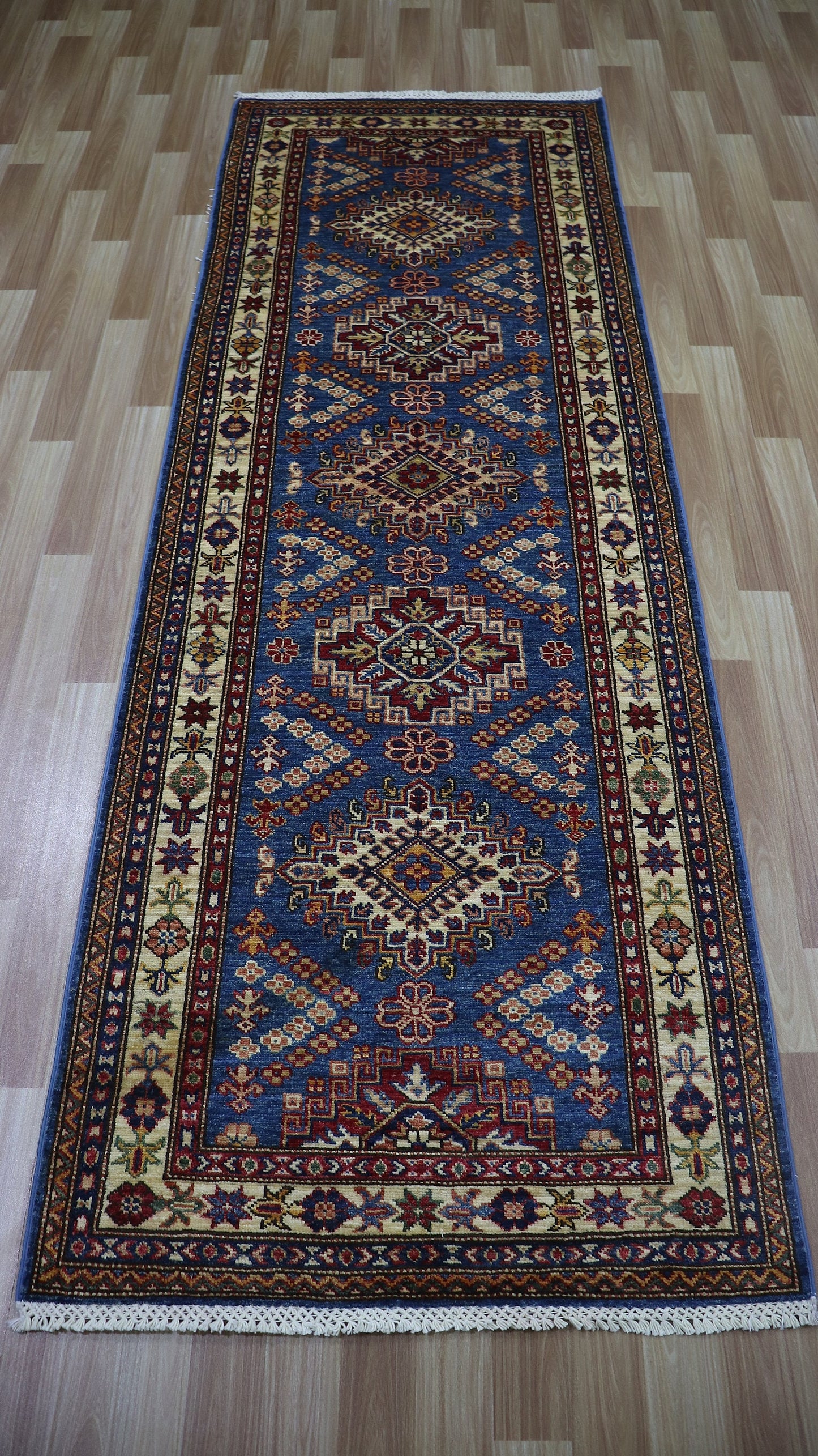 8 Ft Oriental Runner Rug, Blue Afghan Hand Knotted Wool Traditional Rectangle Carpet, Entryway Rug, Hallway Rug, Kitchen Rug, Foyer Rug