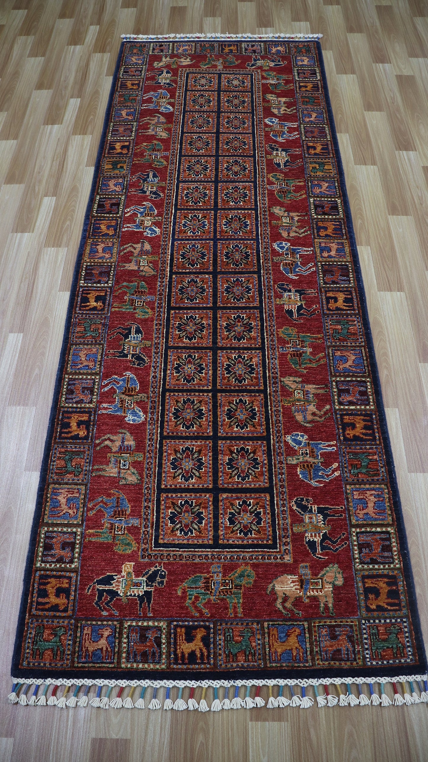 8 Ft Animal Pazyryk Runner Rug, Red Afghan Hand Knotted Wool Traditional Rectangle Carpet, Entryway Rug, Hallway Rug, Kitchen Rug, Foyer Rug