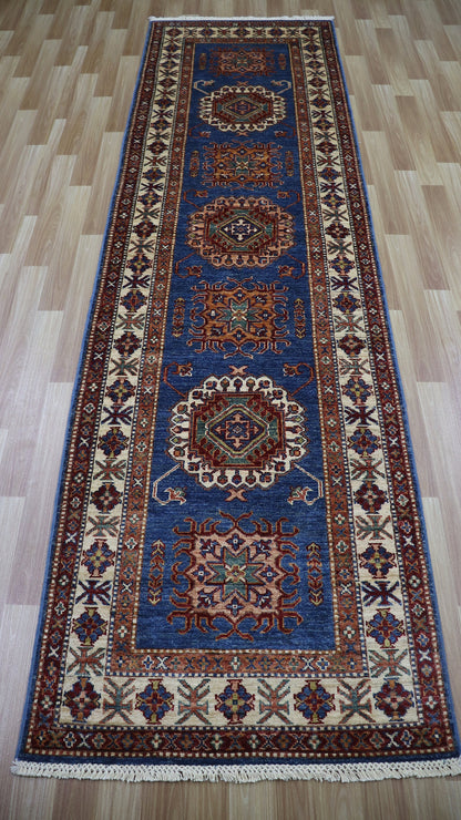 10 Ft Oriental Runner Rug, Blue Afghan Hand Knotted Wool Traditional Rectangle Carpet, Entryway Rug, Hallway Rug, Kitchen Rug, Foyer Rug