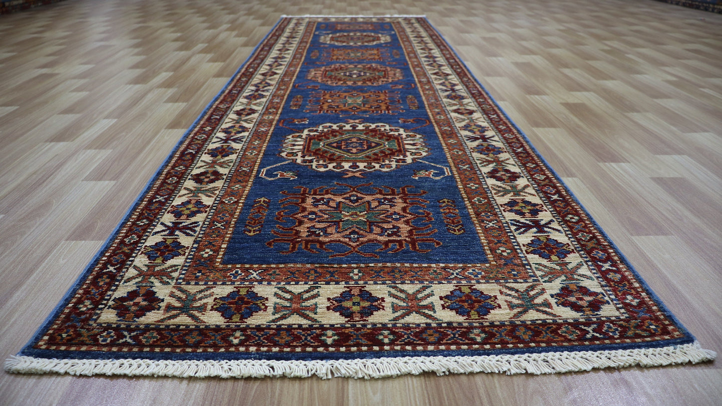 10 Ft Oriental Runner Rug, Blue Afghan Hand Knotted Wool Traditional Rectangle Carpet, Entryway Rug, Hallway Rug, Kitchen Rug, Foyer Rug