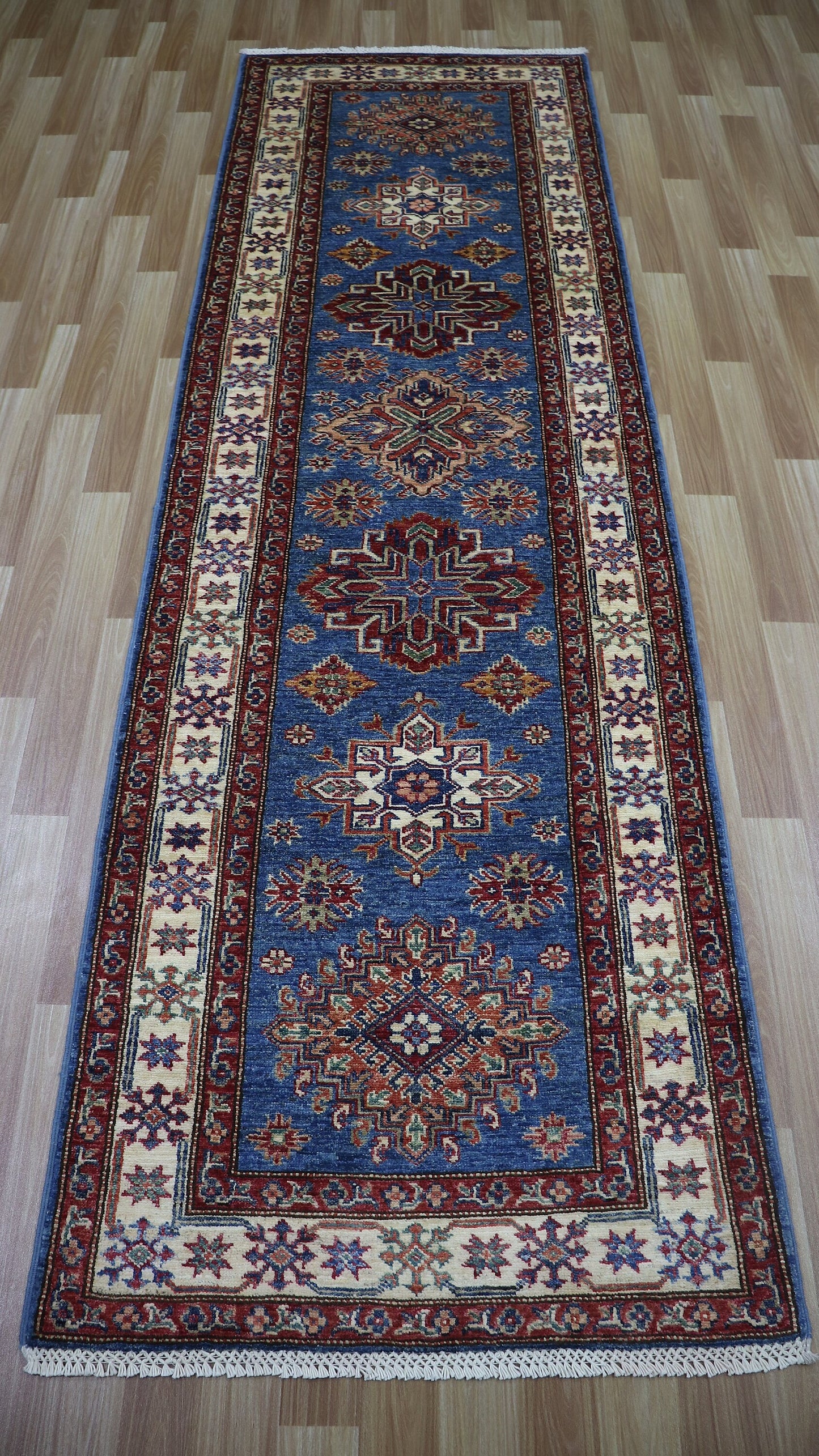 9 Ft Oriental Kazak Runner Rug, Afghan Hand Knotted Wool Traditional Rectangle Carpet, Entryway Rug, Hallway Rug, Kitchen Rug, Foyer Rug