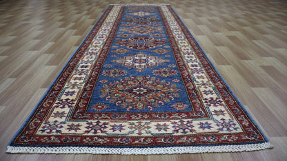 9 Ft Oriental Kazak Runner Rug, Afghan Hand Knotted Wool Traditional Rectangle Carpet, Entryway Rug, Hallway Rug, Kitchen Rug, Foyer Rug