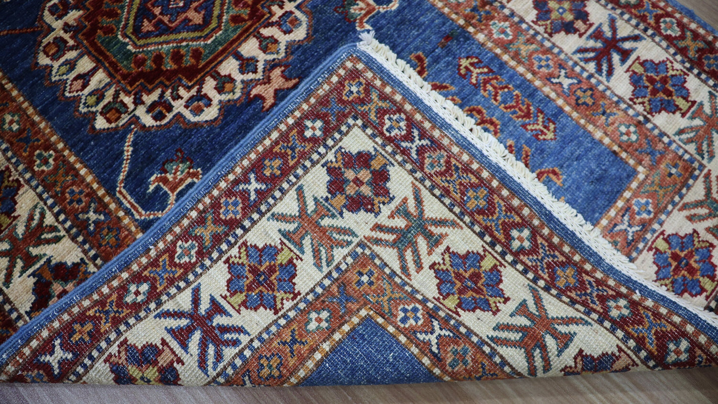 10 Ft Geometric Oriental Runner Rug, Blue Afghan Hand Knotted Wool Traditional Rectangle Carpet, Entryway Rug, Hallway Rug, Kitchen Rug