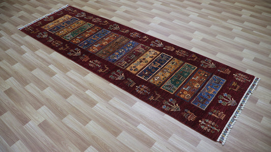 9 Ft Tribal Runner Rug, Rust Red Afghan Hand Knotted Wool Traditional Rectangle Carpet, Entryway Rug, Hallway Rug, Kitchen Rug, Foyer Rug