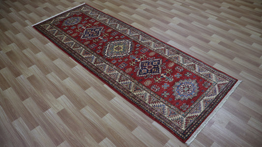 8 Ft Oriental Kazak Runner Rug, Red Afghan Hand Knotted Wool Traditional Rectangle Carpet, Entryway Rug, Hallway Rug, Kitchen Rug, Foyer Rug