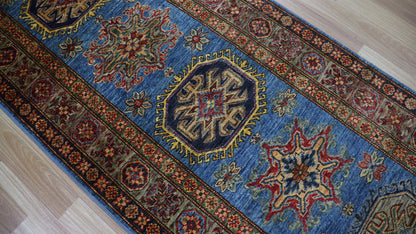 11 Ft Oriental Kazak Runner Rug, Blue Afghan Hand Knotted Wool Traditional Rectangle Carpet, Entryway Rug, Hallway Rug, Kitchen & Foyer Rug