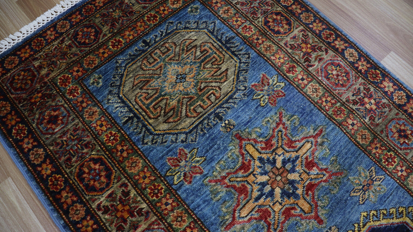 11 Ft Oriental Kazak Runner Rug, Blue Afghan Hand Knotted Wool Traditional Rectangle Carpet, Entryway Rug, Hallway Rug, Kitchen & Foyer Rug