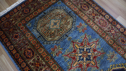 11 Ft Oriental Kazak Runner Rug, Blue Afghan Hand Knotted Wool Traditional Rectangle Carpet, Entryway Rug, Hallway Rug, Kitchen & Foyer Rug