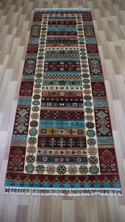 8 Ft Tribal Gabbeh Runner Rug, Red Afghan Hand Knotted Wool Traditional Rectangle Carpet, Entryway Rug, Hallway Rug, Kitchen Rug, Foyer Rug