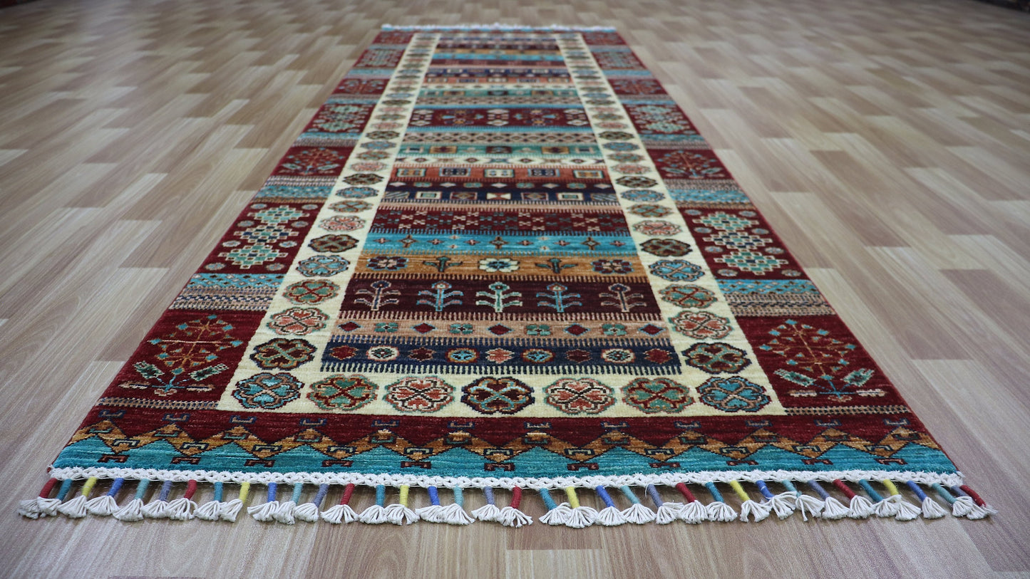 8 Ft Tribal Gabbeh Runner Rug, Red Afghan Hand Knotted Wool Traditional Rectangle Carpet, Entryway Rug, Hallway Rug, Kitchen Rug, Foyer Rug