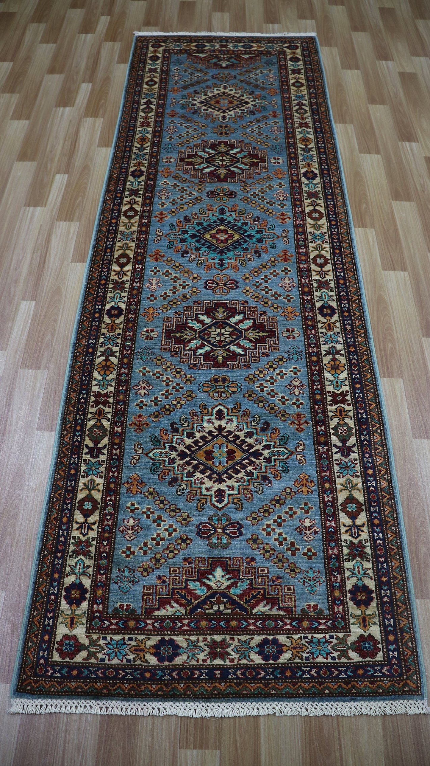 9 Ft Oriental Kazak Runner Rug, Afghan Hand Knotted Wool Traditional Rectangle Carpet, Entryway Rug, Hallway Rug, Kitchen Rug, Foyer Rug