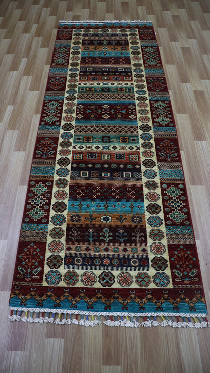 8 Ft Hand Knotted Wool Runner Rug, Red Afghan Traditional Rectangle Carpet, Entryway Rug, Hallway Rug, Kitchen Rug, Foyer Rug, Oriental Rug