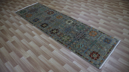 9 Ft Gray Hand Knotted Wool Runner Rug, Afghan Traditional Rectangle Carpet, Entryway Rug, Hallway Rug, Kitchen Rug, Foyer Rug, Oriental Rug