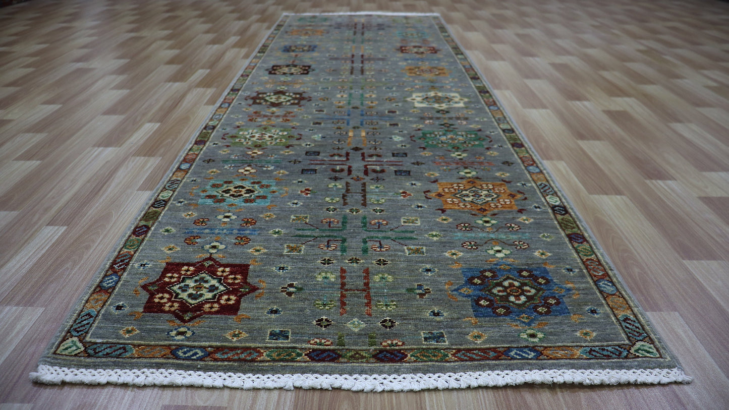 9 Ft Gray Hand Knotted Wool Runner Rug, Afghan Traditional Rectangle Carpet, Entryway Rug, Hallway Rug, Kitchen Rug, Foyer Rug, Oriental Rug