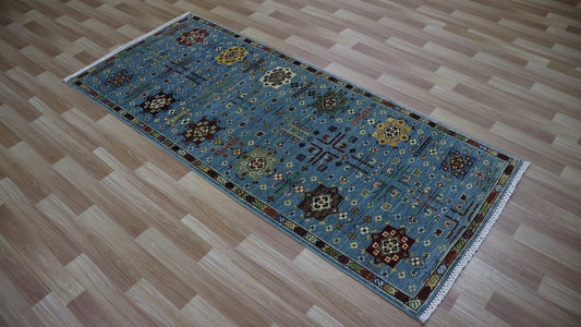 7 Ft Blue Oriental Runner Rug, Afghan Hand Knotted Wool Traditional Rectangle Carpet, Entryway Rug, Hallway Rug, Kitchen Rug, Foyer Rug