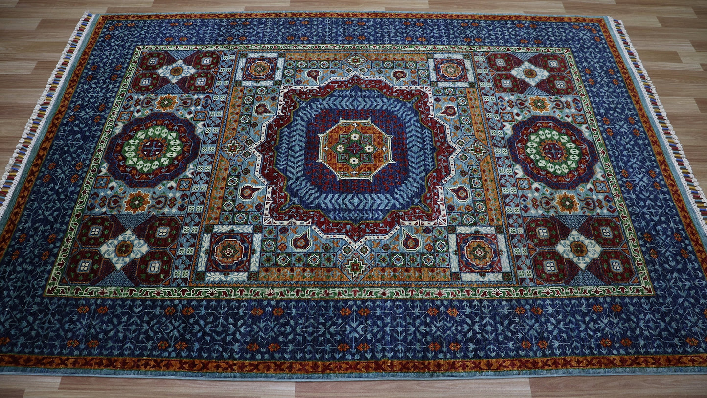 5x7 ft Turkish Mamluk Area Rug, Blue Hand Knotted Wool Traditional Carpet, Rug For Living Room, Bedroom Rug, Dining Table Rug, Medallion Rug