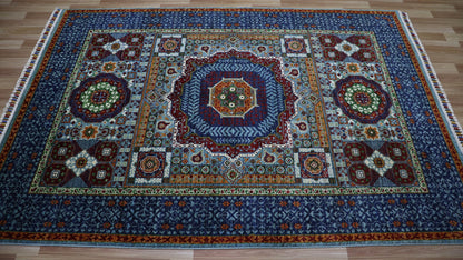 5x7 ft Turkish Mamluk Area Rug, Blue Hand Knotted Wool Traditional Carpet, Rug For Living Room, Bedroom Rug, Dining Table Rug, Medallion Rug