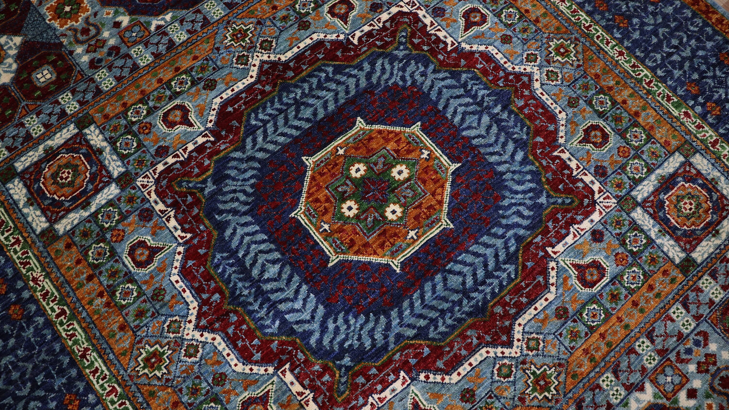 5x7 ft Turkish Mamluk Area Rug, Blue Hand Knotted Wool Traditional Carpet, Rug For Living Room, Bedroom Rug, Dining Table Rug, Medallion Rug