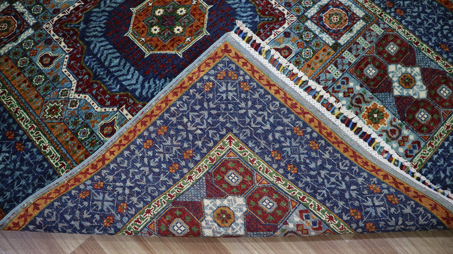 5x7 ft Turkish Mamluk Area Rug, Blue Hand Knotted Wool Traditional Carpet, Rug For Living Room, Bedroom Rug, Dining Table Rug, Medallion Rug