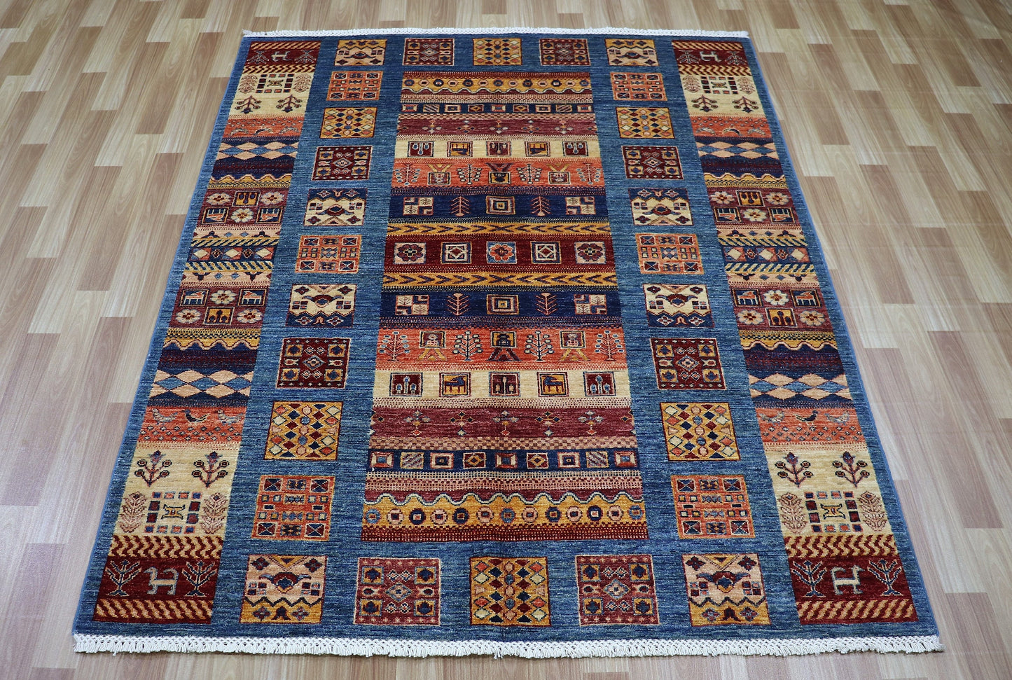 5x6 ft Gabbeh Tribal Area Rug, Blue Afghan Hand Knotted Wool Traditional Carpet, Living Room Rug, Bedroom Rug, Kitchen Rug, Handmade Gift