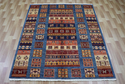 5x6 ft Gabbeh Tribal Area Rug, Blue Afghan Hand Knotted Wool Traditional Carpet, Living Room Rug, Bedroom Rug, Kitchen Rug, Handmade Gift