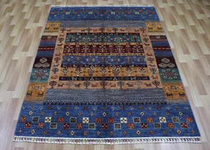 5x7 ft Gabbeh Tribal Area Rug, Blue Afghan Hand Knotted Wool Traditional Carpet, Living Room Rug, Bedroom Rug, Kitchen Rug, Handmade Gift