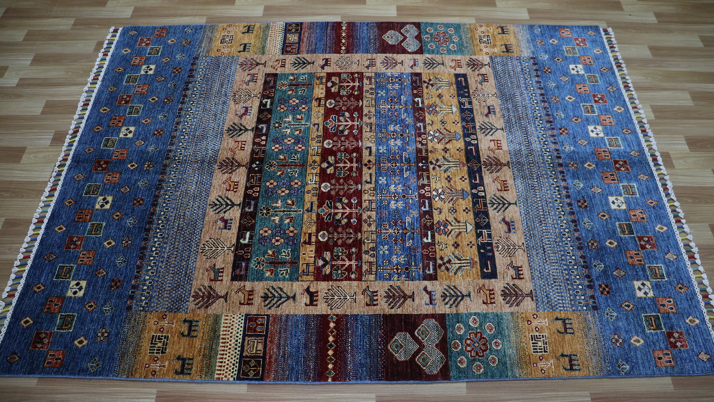 5x7 ft Gabbeh Tribal Area Rug, Blue Afghan Hand Knotted Wool Traditional Carpet, Living Room Rug, Bedroom Rug, Kitchen Rug, Handmade Gift