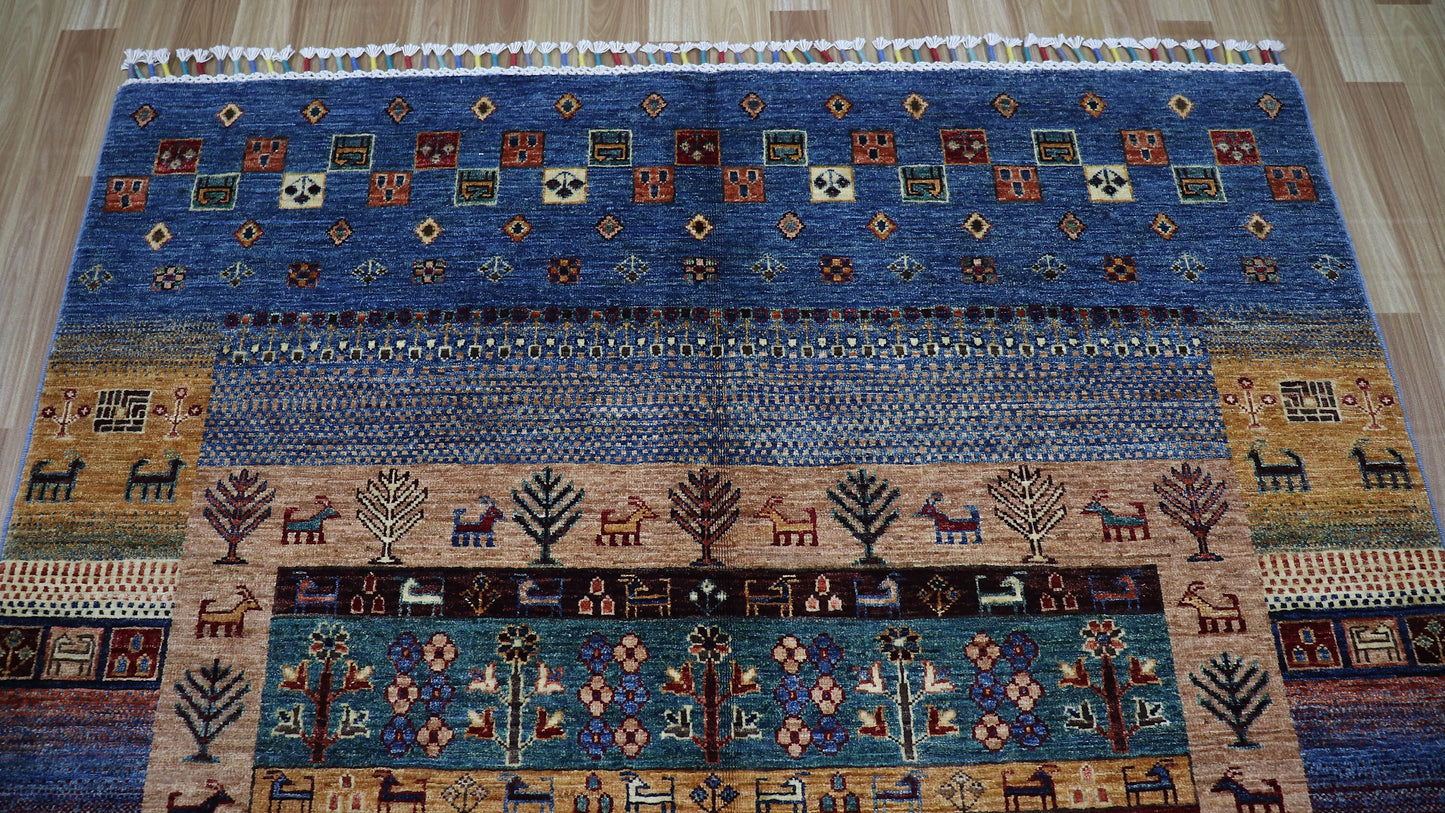 5x7 ft Gabbeh Tribal Area Rug, Blue Afghan Hand Knotted Wool Traditional Carpet, Living Room Rug, Bedroom Rug, Kitchen Rug, Handmade Gift