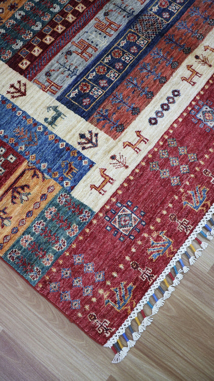 5x7 ft Gabbeh Tribal Area Rug, Red Afghan Hand Knotted Wool Traditional Carpet, Rugs For Living Room, Bedroom Rug, Kitchen Rug, Animal Rug