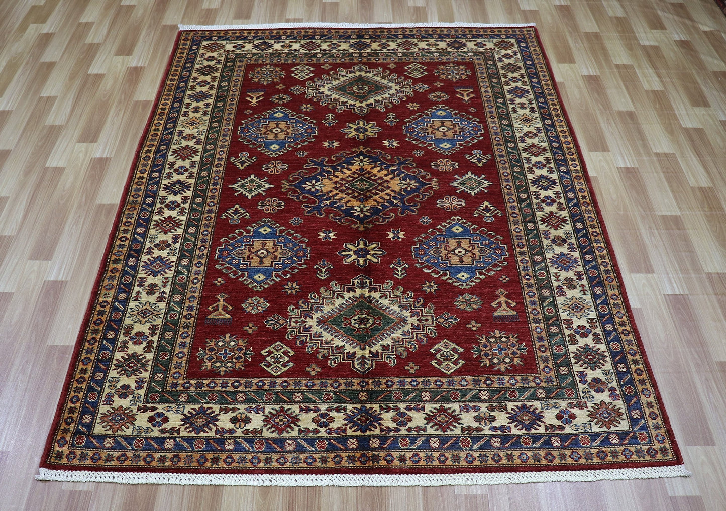 5x7 ft Kazak Oriental Area Rug, Red Afghan Hand Knotted Low Pile Wool Traditional Carpet, Rugs For Living Room, Bedroom Rug, Kids Room Rug