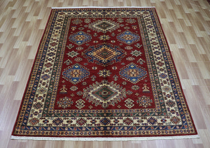 5x7 ft Kazak Oriental Area Rug, Red Afghan Hand Knotted Low Pile Wool Traditional Carpet, Rugs For Living Room, Bedroom Rug, Kids Room Rug