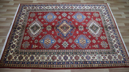 5x7 ft Kazak Oriental Area Rug, Red Afghan Hand Knotted Low Pile Wool Traditional Carpet, Rugs For Living Room, Bedroom Rug, Kids Room Rug