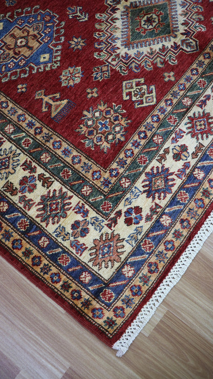 5x7 ft Kazak Oriental Area Rug, Red Afghan Hand Knotted Low Pile Wool Traditional Carpet, Rugs For Living Room, Bedroom Rug, Kids Room Rug