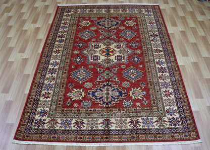 5x7 Ft Kazak Area Rug, Red Afghan Hand Knotted Wool Traditional Carpet, Rugs For Living Room, Bedroom Rug, Kitchen Rug, Oriental Boho Rug