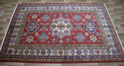 5x7 Ft Kazak Area Rug, Red Afghan Hand Knotted Wool Traditional Carpet, Rugs For Living Room, Bedroom Rug, Kitchen Rug, Oriental Boho Rug