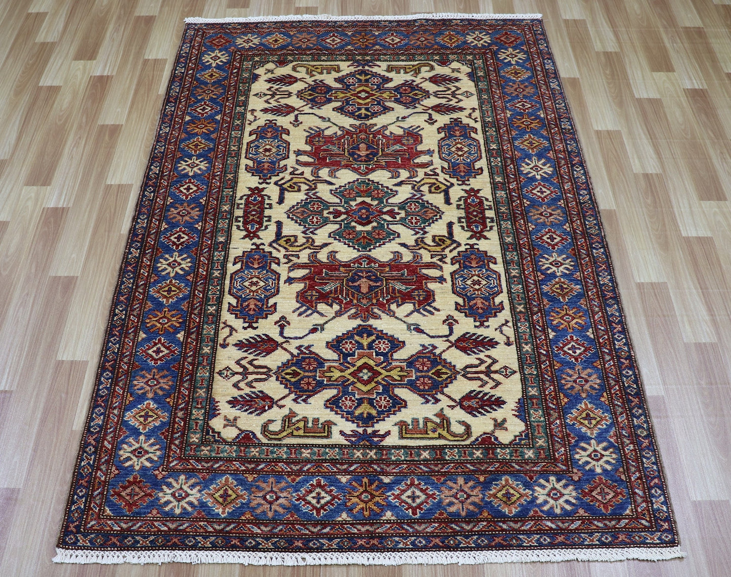 4x6 Ft Kazak Area Rug, Beige Afghan Hand Knotted Wool Traditional Carpet, Rugs For Living Room, Bedroom Rug, Dining Table Rug, Kitchen Rug