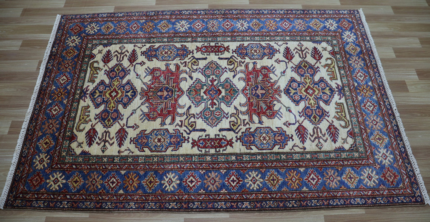 4x6 Ft Kazak Area Rug, Beige Afghan Hand Knotted Wool Traditional Carpet, Rugs For Living Room, Bedroom Rug, Dining Table Rug, Kitchen Rug